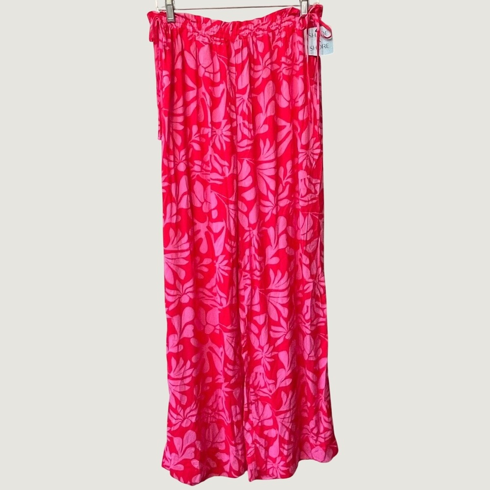 Shade & Shore Wide Leg Beach Pants Cover Up Womens Medium Pink Tropical Leaf NWT